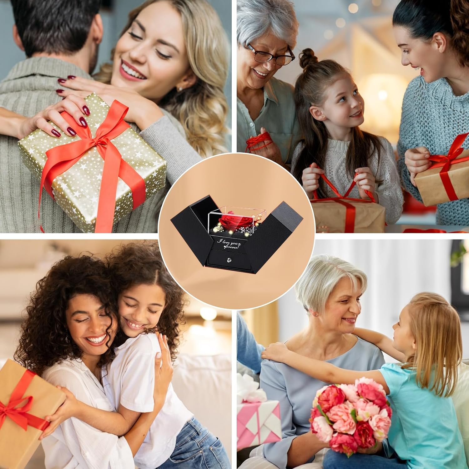 SOULMEET 100 Languages I Love You Triple Heart Projection Necklace, Custom Photo Picture Projection Pendant Necklace with Preserved Real Flower Rose Gift Box for Christmas Valentine
