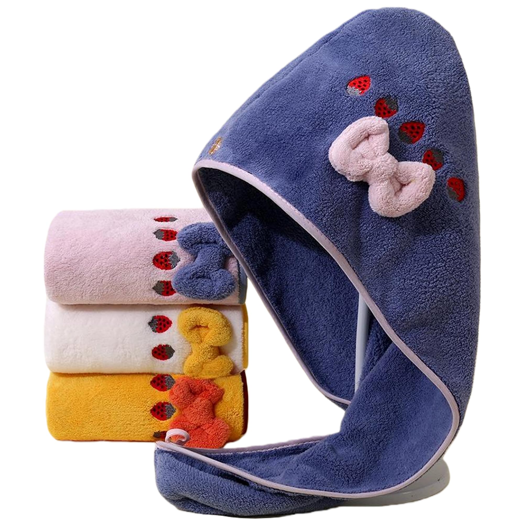 UINSUE 4-Pack Hair Towel Cap Set Color-Blocking Design Ultra Soft Coral Fleece Quick Dry Hair Turban for Shower Washing Spa Travel (4 Colors-Bow)