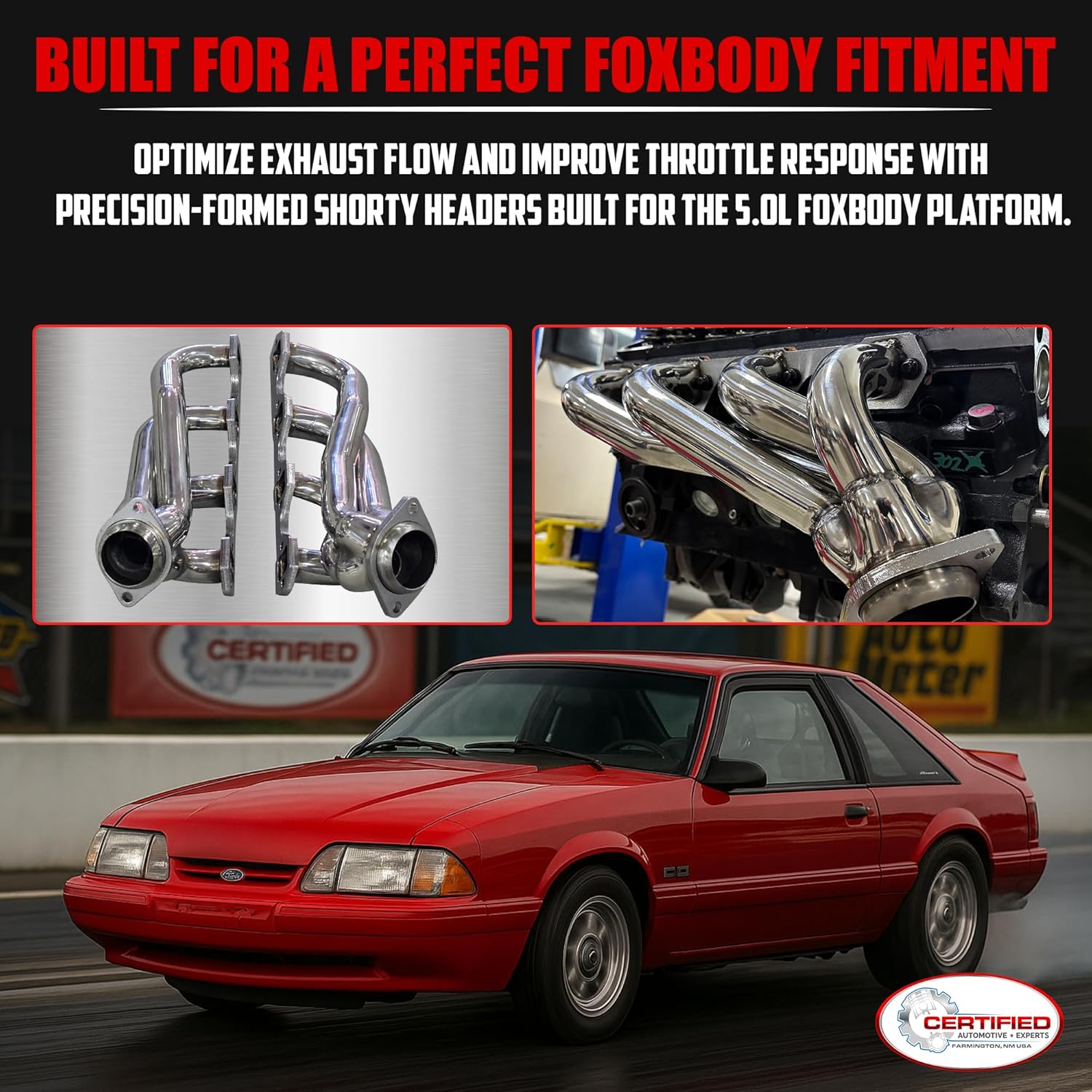 Polished 304 Stainless Steel Shorty Headers for 1979 1993 Ford Mustang 5.0L V8 Fox Body GT LX Upgraded Copper Gaskets Direct Bolt On Exhaust Manifold (Shorty Headers)