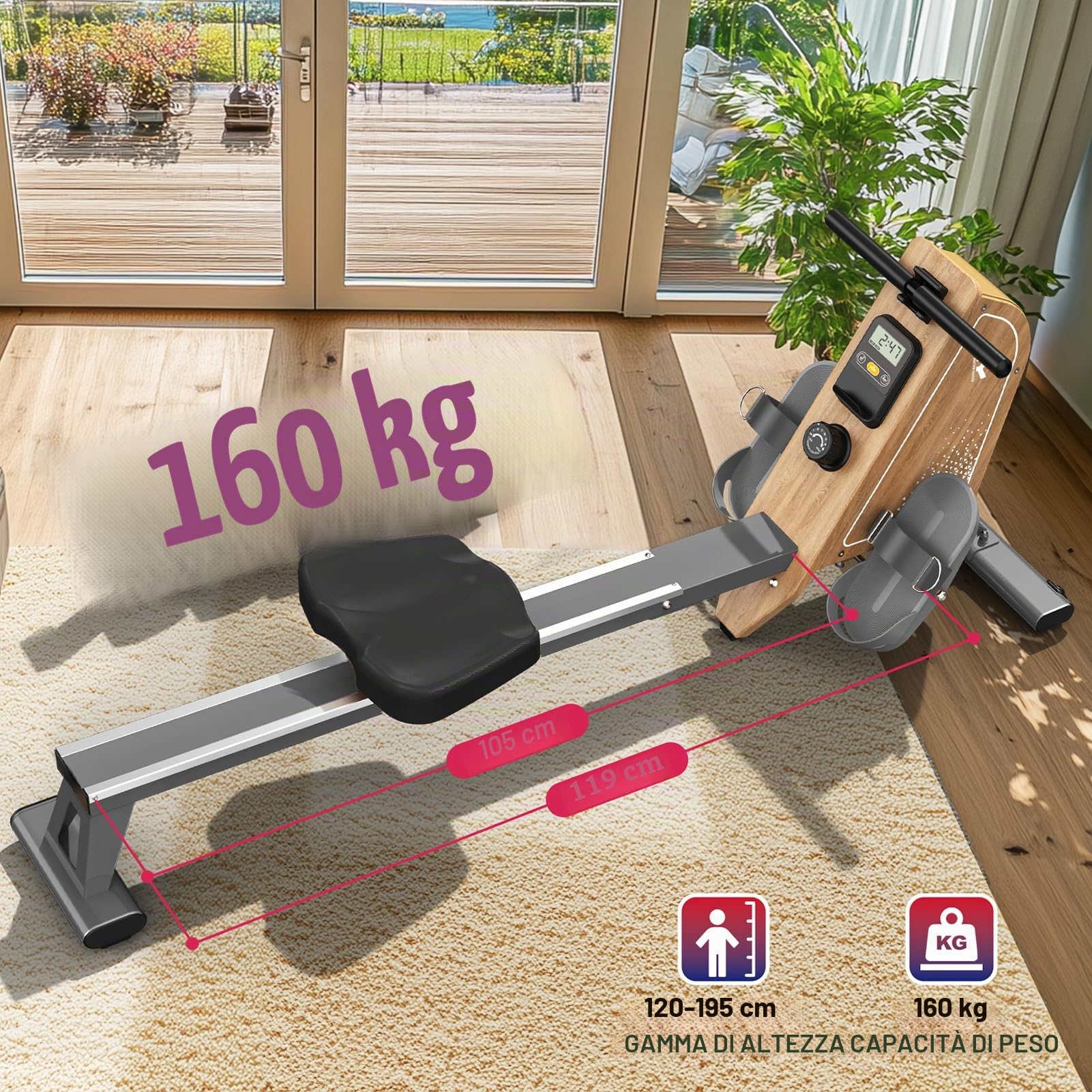 Vogatore per casa OR3, vogatore magnetico con monitor Bluetooth, 16 livelli di resistenza, vogatore compatto con capacità di peso di 150 kg, conservazione verticale