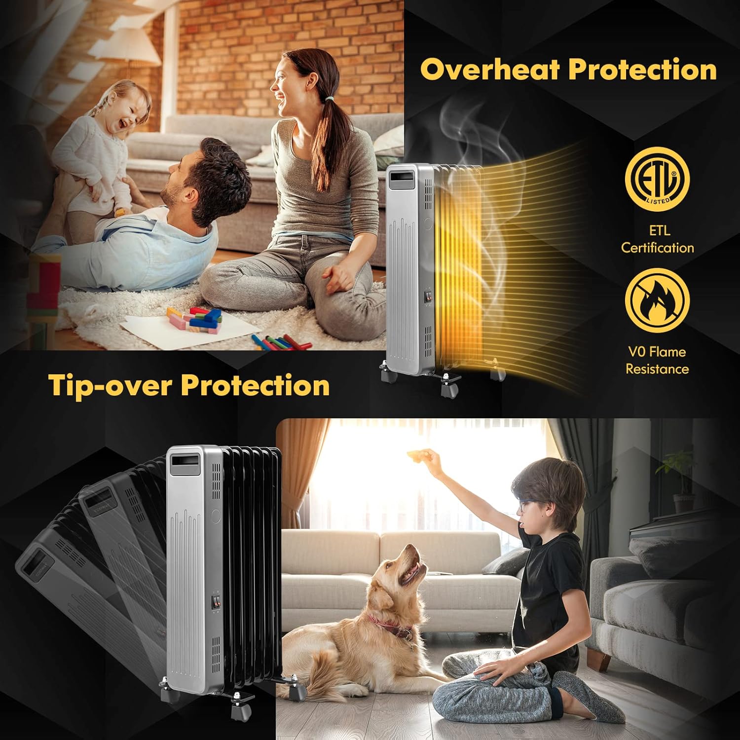Tangkula 1500W Oil Filled Radiator Heater, Electric Space Heater with 3 Heat Settings, Tip-Over & Overheat Protection, Portable Oil Heater for Indoor Use, Home, Office (Black)