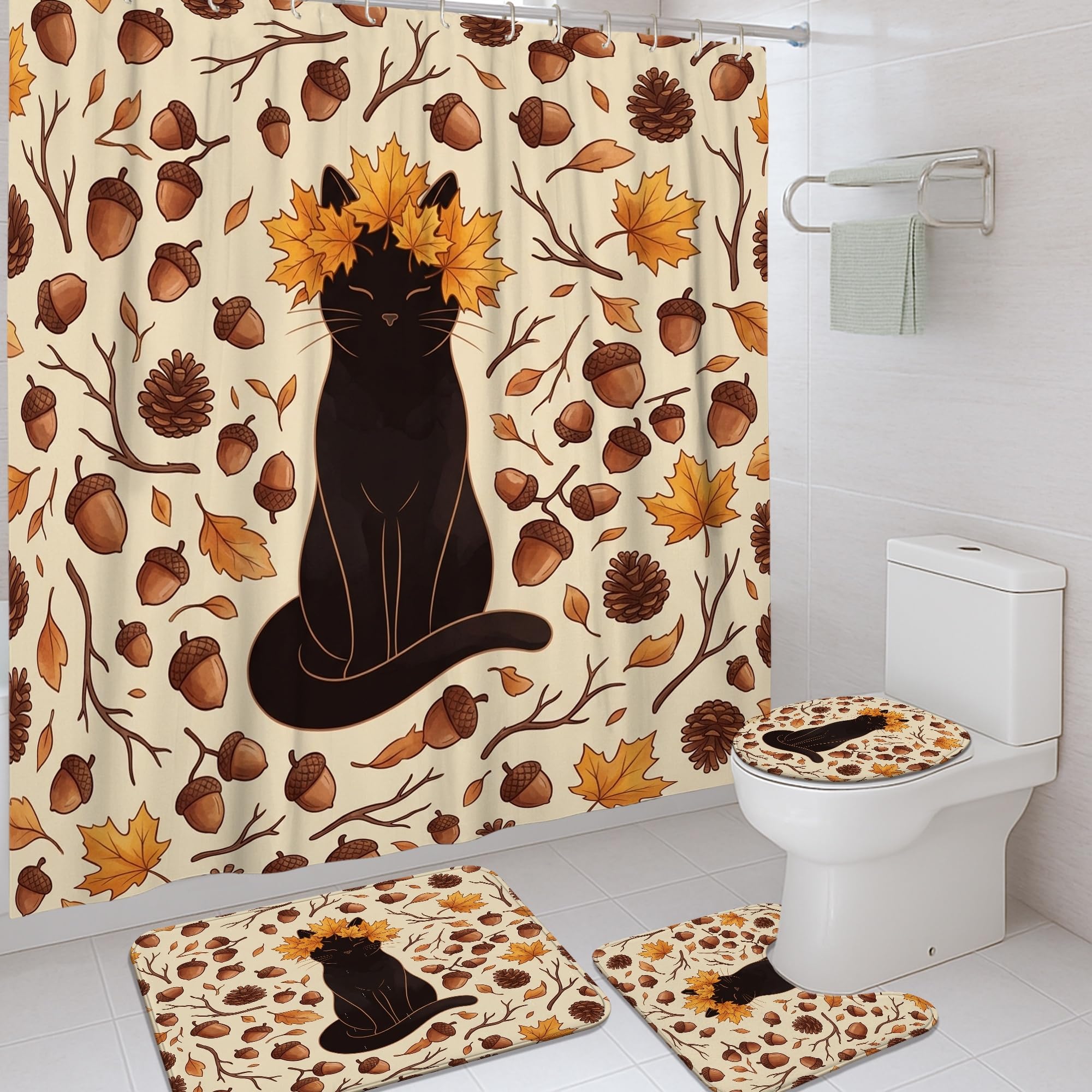 Rideau de douche chat et pommes de pin 183x183 avec crochets pour salle de bain