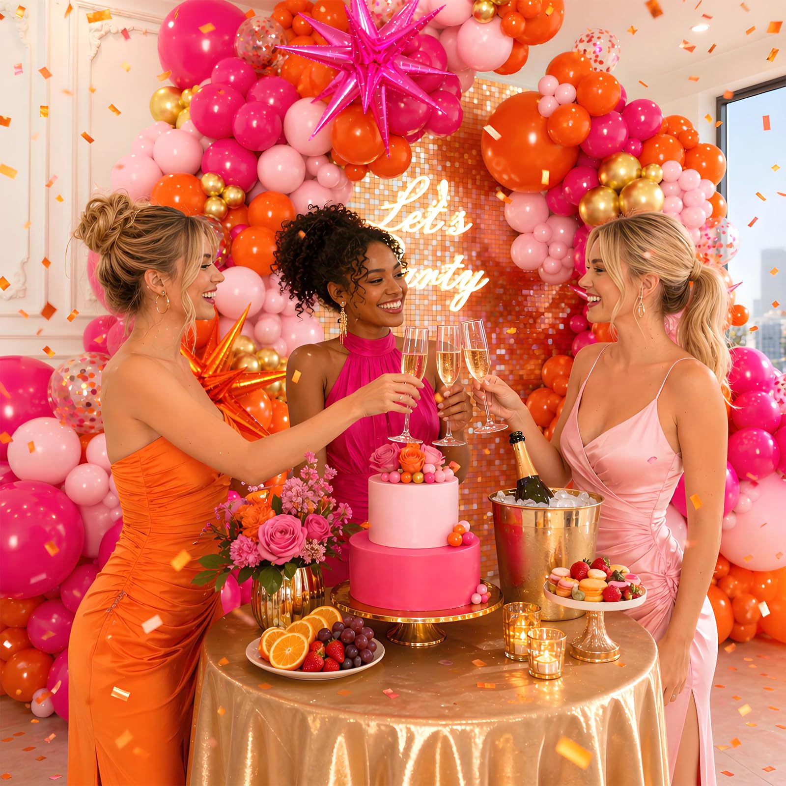 Kit de arco de globos rosa y naranja con confeti dorado metálico, globos rosa intenso y naranja para decoraciones de fiesta de cumpleaños de graduación