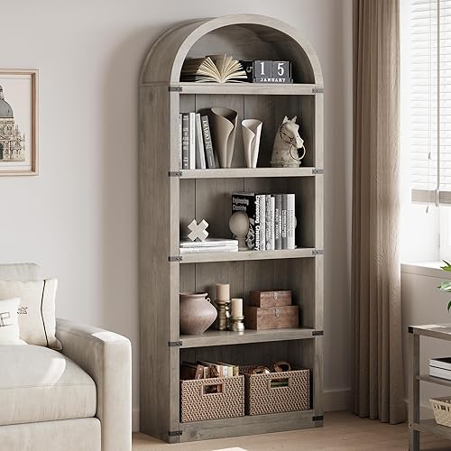 Bookcase 5 Shelf Arched Bookshelf 71.65in Tall Bookcase Farmhouse Display Storage Rack Wooden Bookshelves for Home Office, Living Room