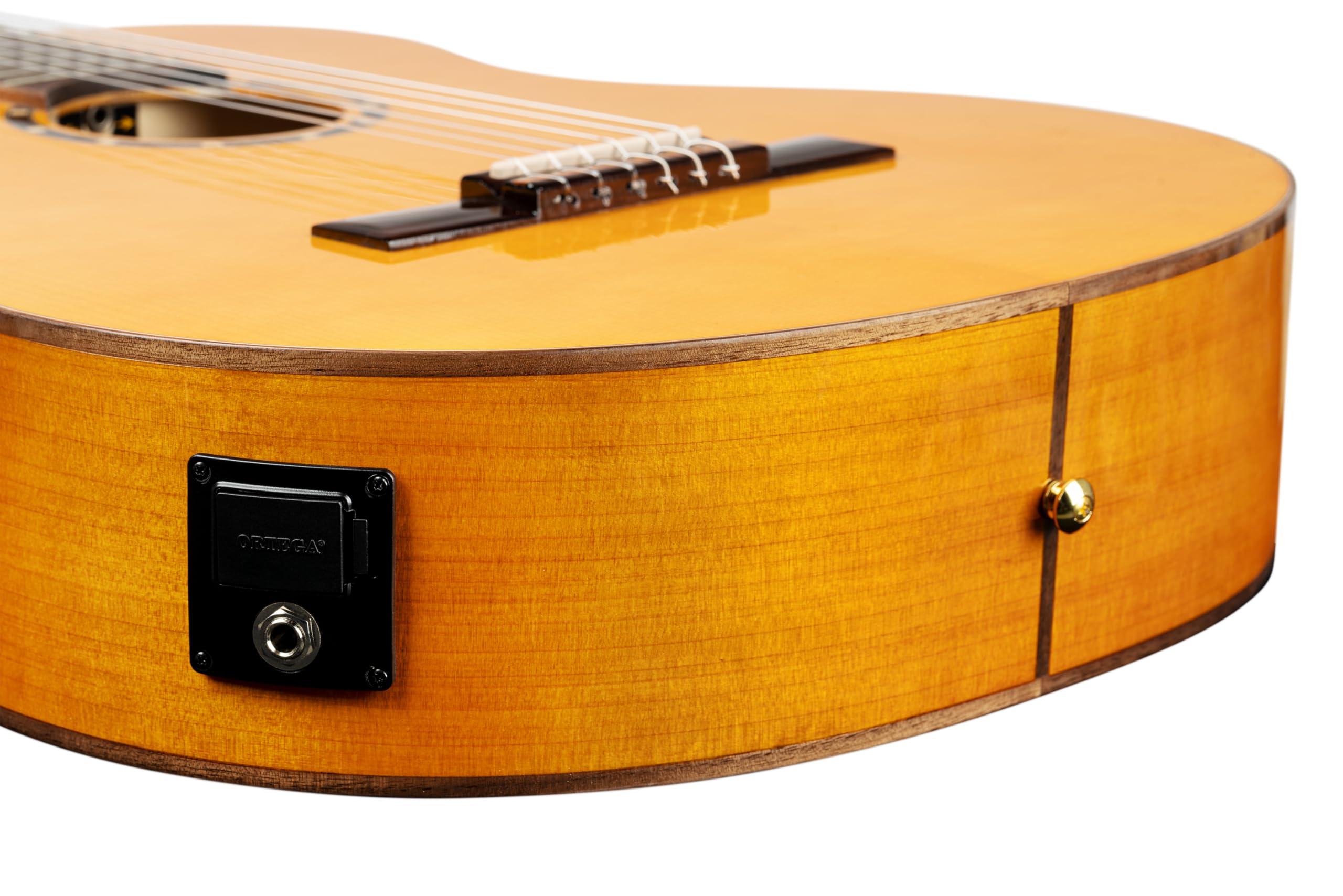 Ortega Guitars Family Series Pro - Guitarra flamenca para zurdos, tamaño 4/4, electroacústica, pícea y ciprés con acabado brillante, color amarillo – Incluye funda (RCE170F-L)