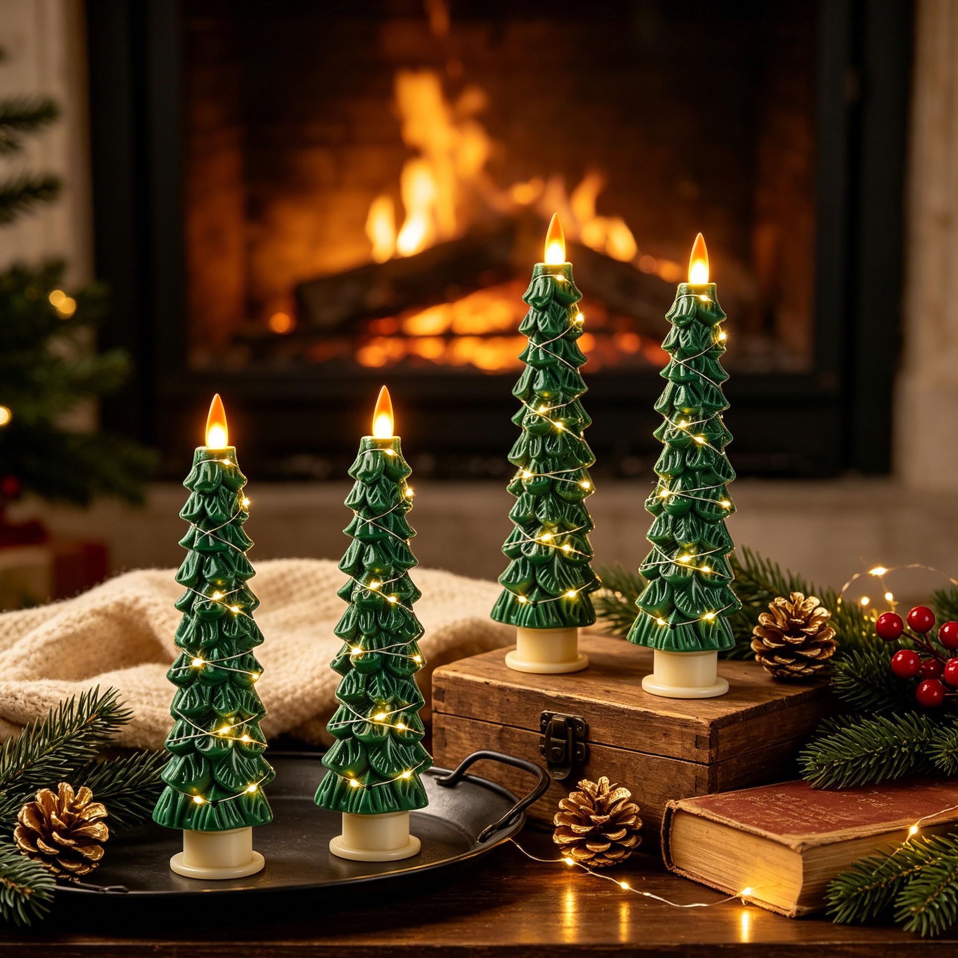 4 Candele LED a Forma di Albero di Natale Verdi, Candele Senza Fiamma con Catena di Rame, Effetto Fiamma Realistico Aggiornato, Funzionanti a Pile con Telecomando per Decorazioni Natalizie e Casa