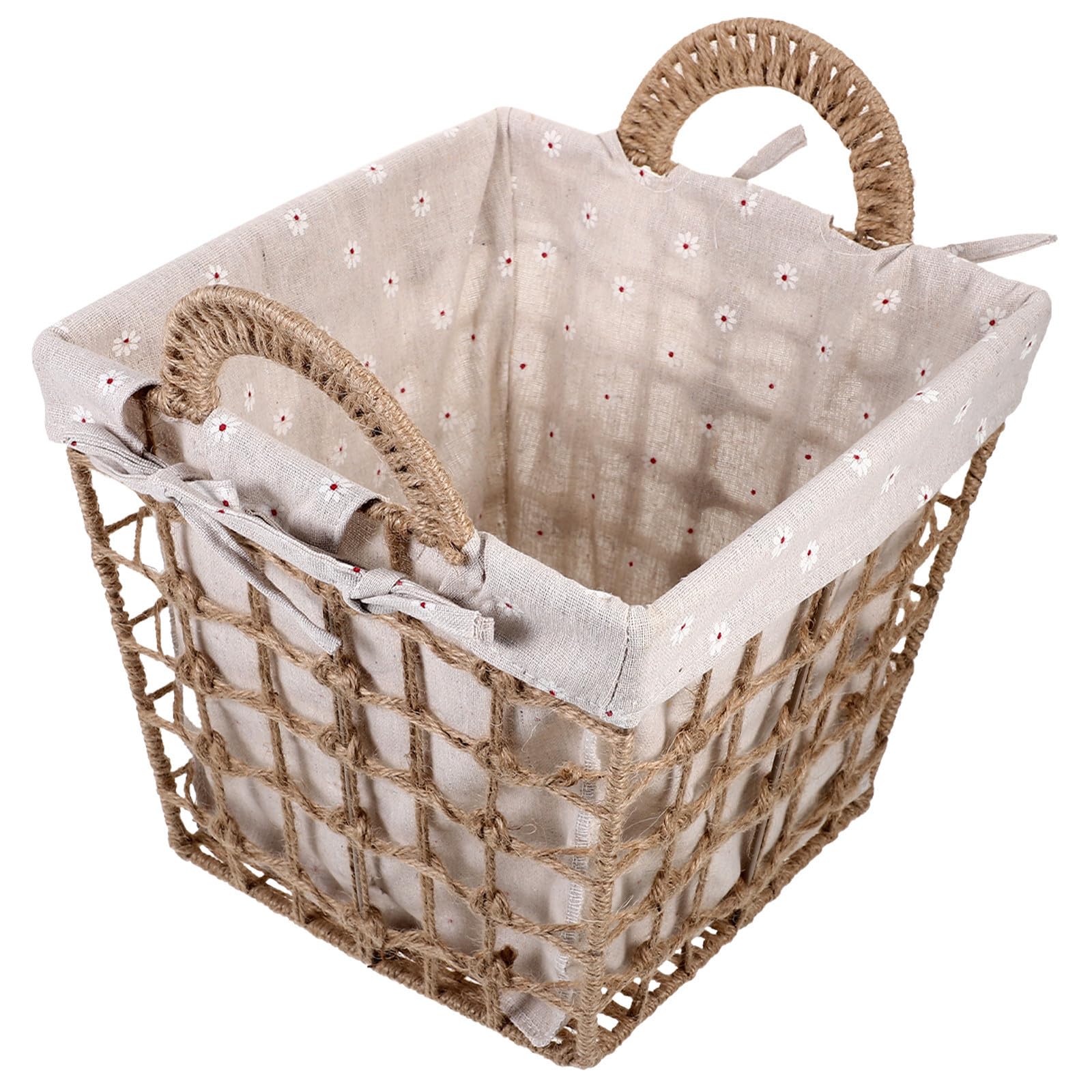 Cesta Tejida para Almacenamiento Doble Asa de Cuerda, Revestimiento de Tela y Tamaño Pequeño, Organizador Multiusos para Oficina, Cocina y Hogar
