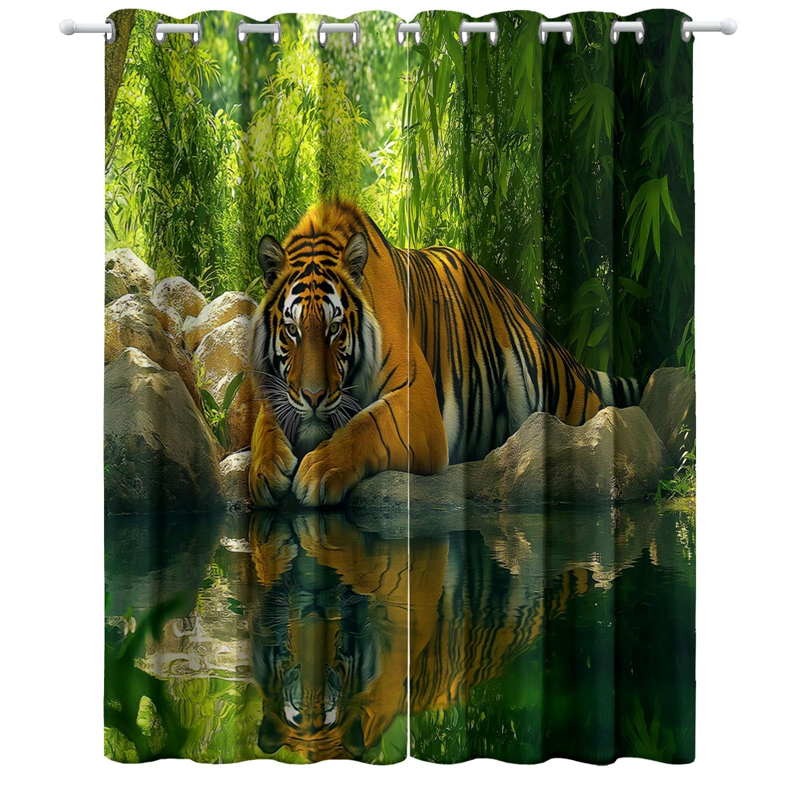 2 panele Zasłony zaciemniające 110 x 215 cm, tygrysie lasy z nadrukiem z oczkami dla dziewczynek chłopców do salonu, dekoracja sypialni, miękka i odporna na zmarszczki, zielona