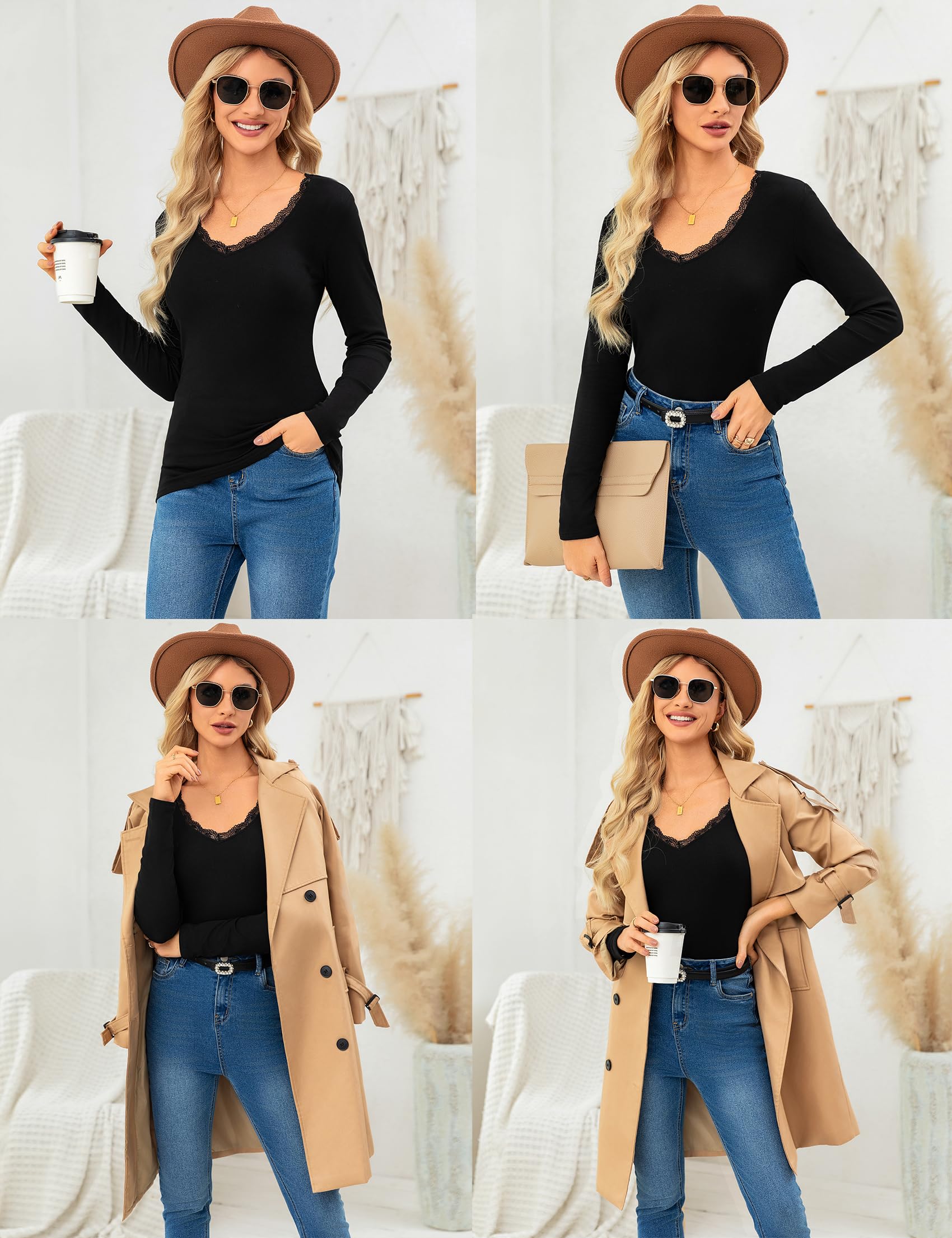 Koszulka termiczna damska z długim rękawem, krój slim fit, górna część z koronką, koszulka z długim rękawem, koszula termiczna dla kobiet, jednokolorowa koszulka termiczna z dekoltem w serek