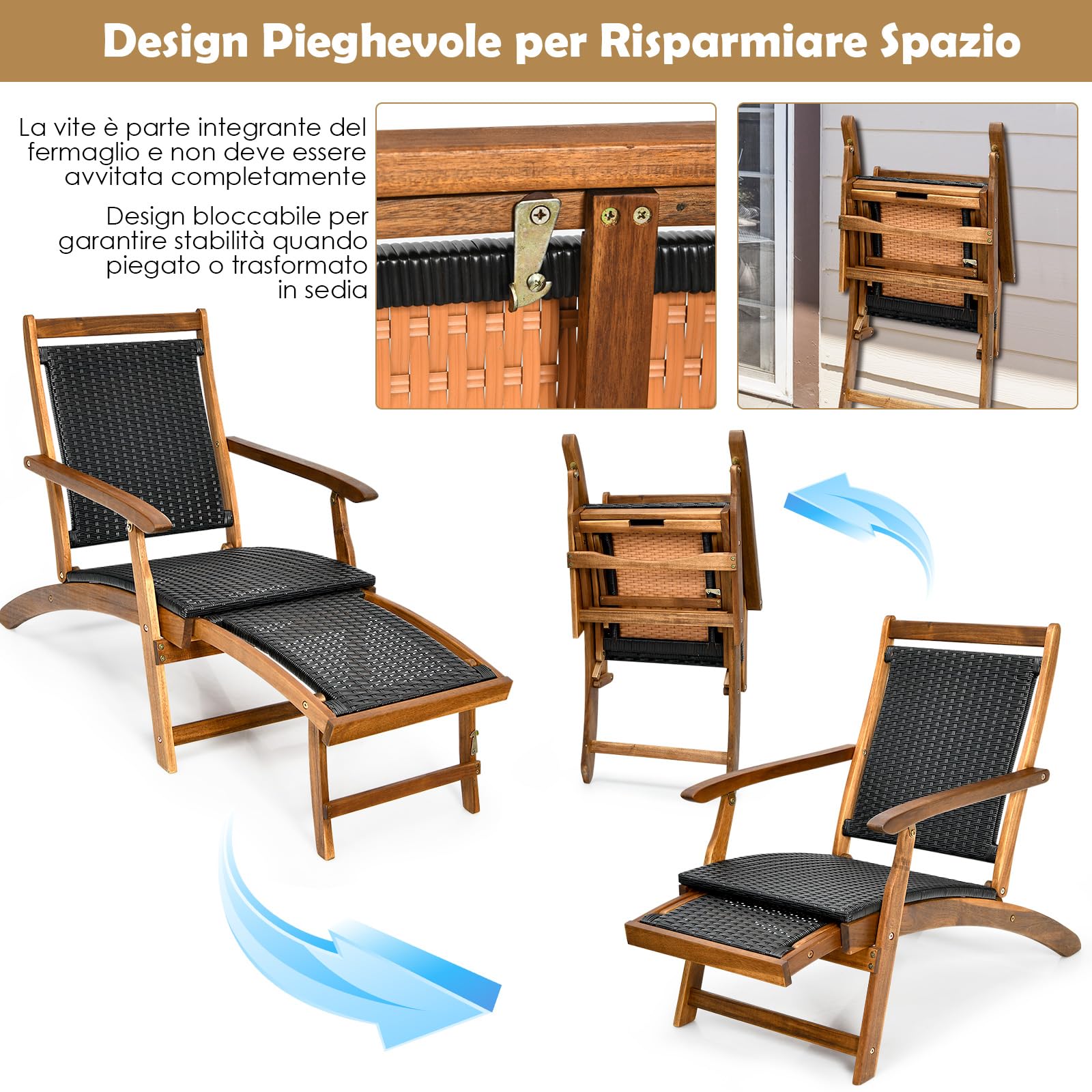 COSTWAY Sedia a Sdraio da Esterno con Poggiapiedi Telescopico | Prendisole Pieghevole con Schienale e Sedile in Rattan e Struttura in Legno Massello per Giardino e Cortile, Portata 160 kg