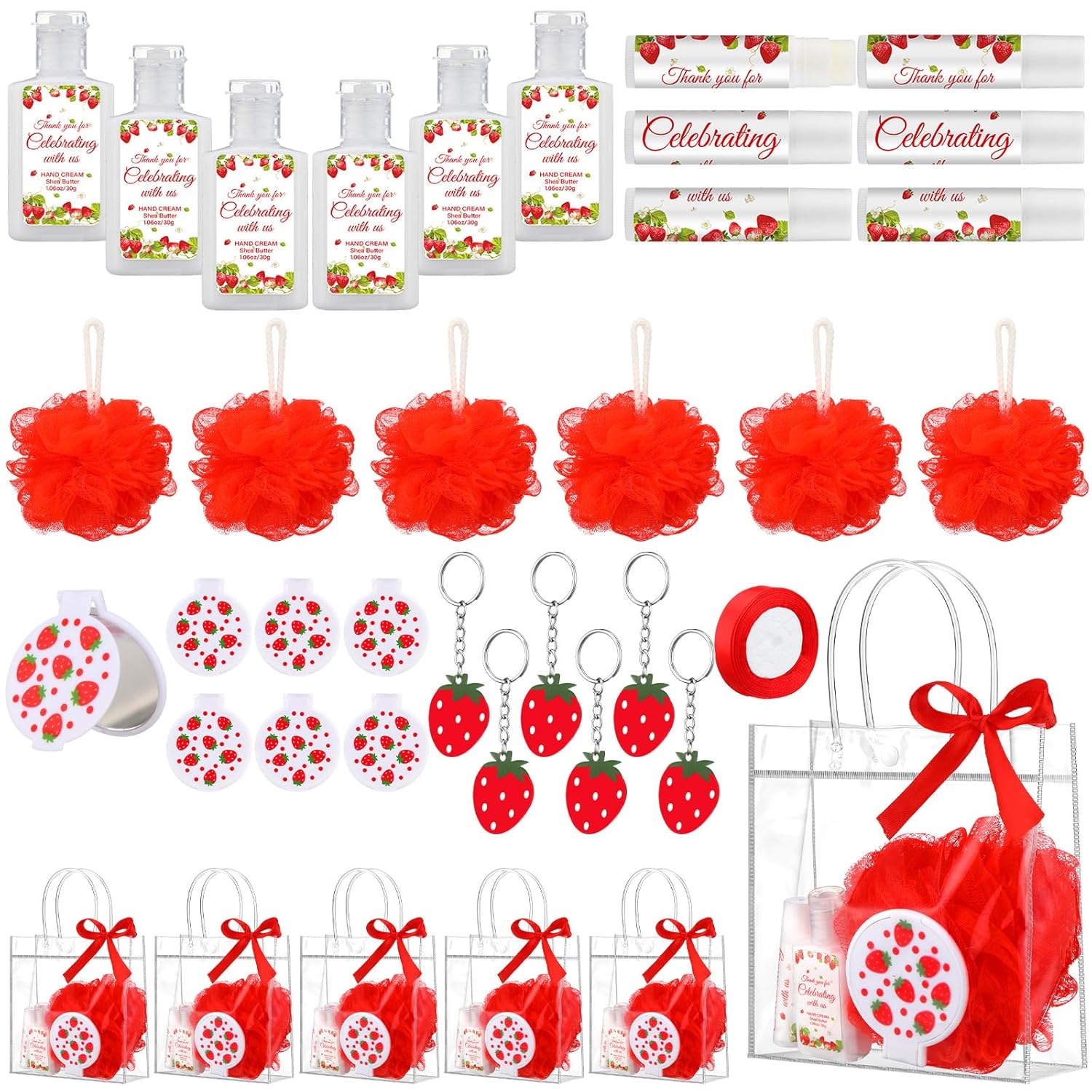 6 Sets Strawberry Baby Shower Game Prizes for Winners Bridal Shower Favors Gifts Include Strawberry Lip Balms Hand Cream Keyring Bath Ball Gift Bags Thank You for Celebrating with Us