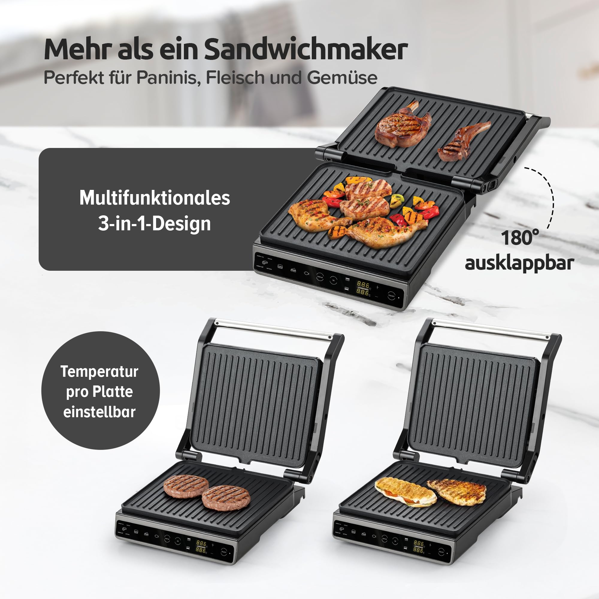 Olvy Kontaktgrill Elektrogrill Mit Touchscreen Für Perfektes Braten | 1 Set | 7 Programme | Fleisch & Gemüse | PFAS-Freie Antihaftplatten | Elektrischer Tischgrill Paninimaker