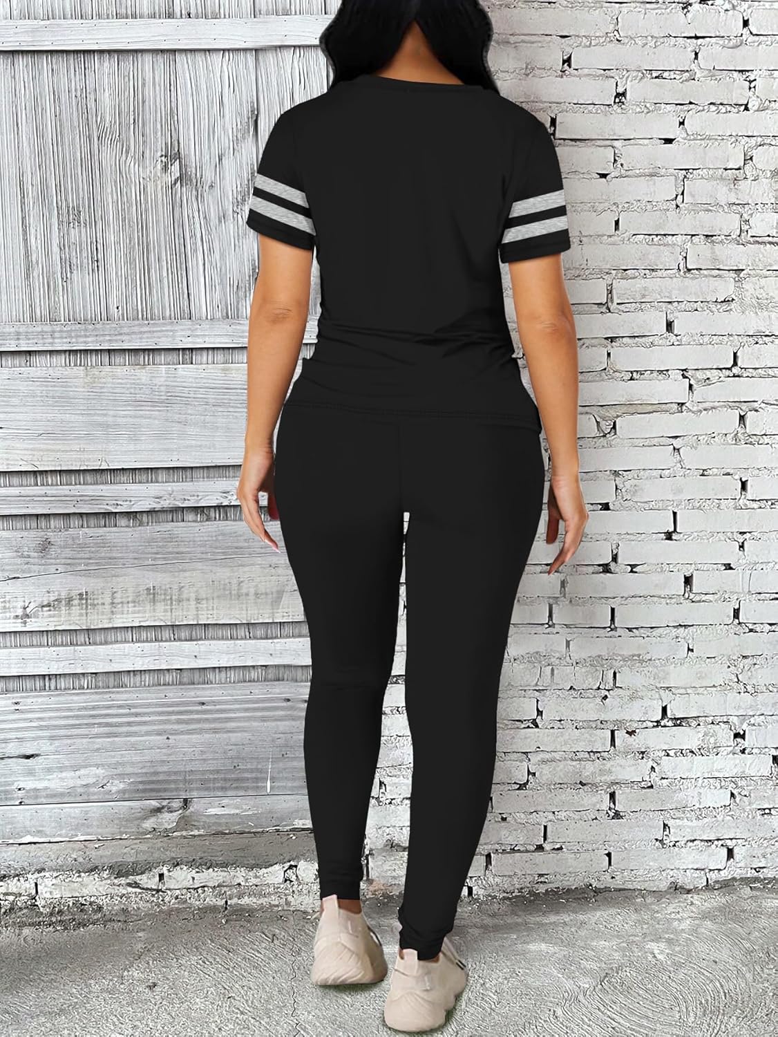 Two Piece Sets for Women Summer Short Sleeve Striped Crewneck Slim Fit Active Casual Sweatsuits - Image 5