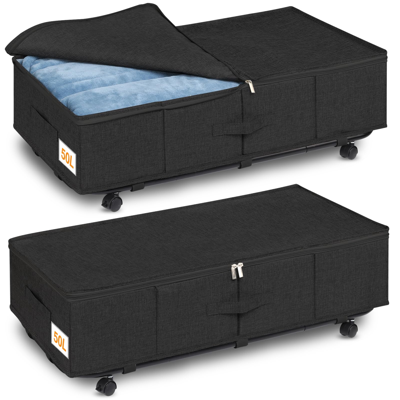 Contenitore Sottoletto con Ruote, 50L Grandi Contenitori Sottoletto, 2 Pezzi Scatole Sotto Letto Contenitore con Coperchio e Cerniere, Cassetto Sotto Letto per Vestiti Scarpe Libri (Nero)