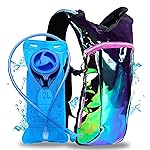 SOJOURNER Rave Hydration Pack Backpack - 2L Water Bladder Included for Festivals, Raves, Hiking, Biking, Climbing, Running (Laser Green Purple)