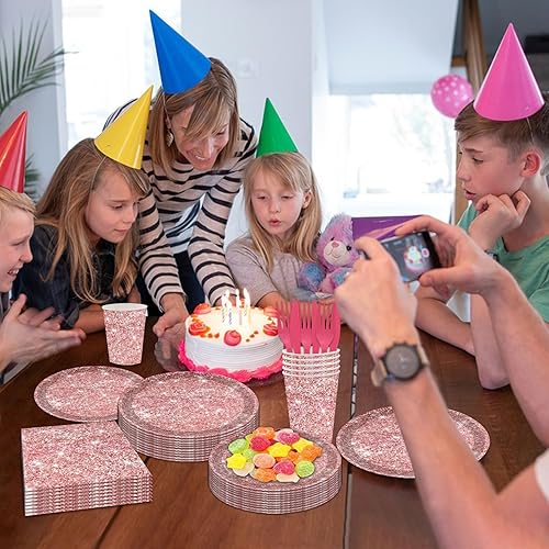 Miniatura 2 de Juego de vajilla de 144 piezas de platos y servilletas de oro rosa, suministros de fiesta de cumpleaños de oro rosa, platos de papel con purpurina