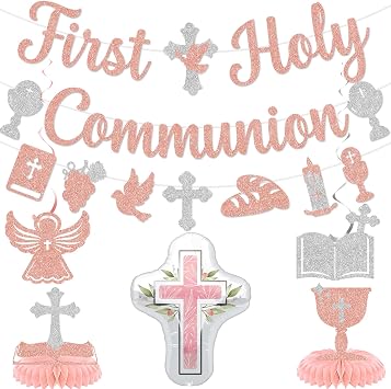 First Communion Decorations First Holy Communion Banner First Communion Decorations for Girls Rose Gold Religious Banner