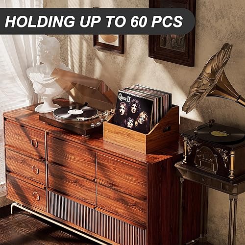 Miniatura 2 de Almacenamiento de discos de vinilo de madera, caja de vinilo retro y duradera, caja de almacenamiento de discos para más de 60 discos, organizador