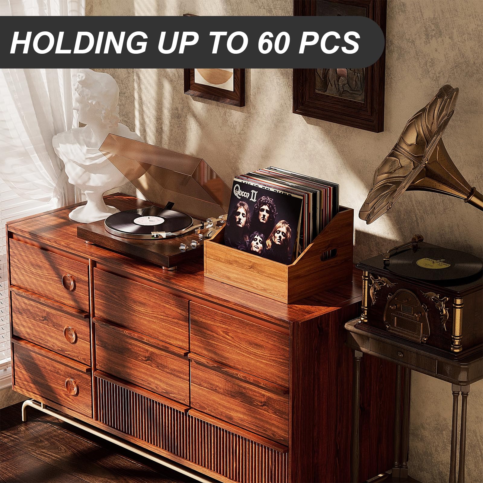 Boîte de rangement en bois pour disques vinyles, caisse rétro pour plus de 60 disques