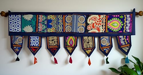 Miniatura 3 de Cenefas para puerta de algodón indio, estilo étnico, vintage, con diseño de retazos, para colgar en la pared, estilo bohemio, bordado a mano,
