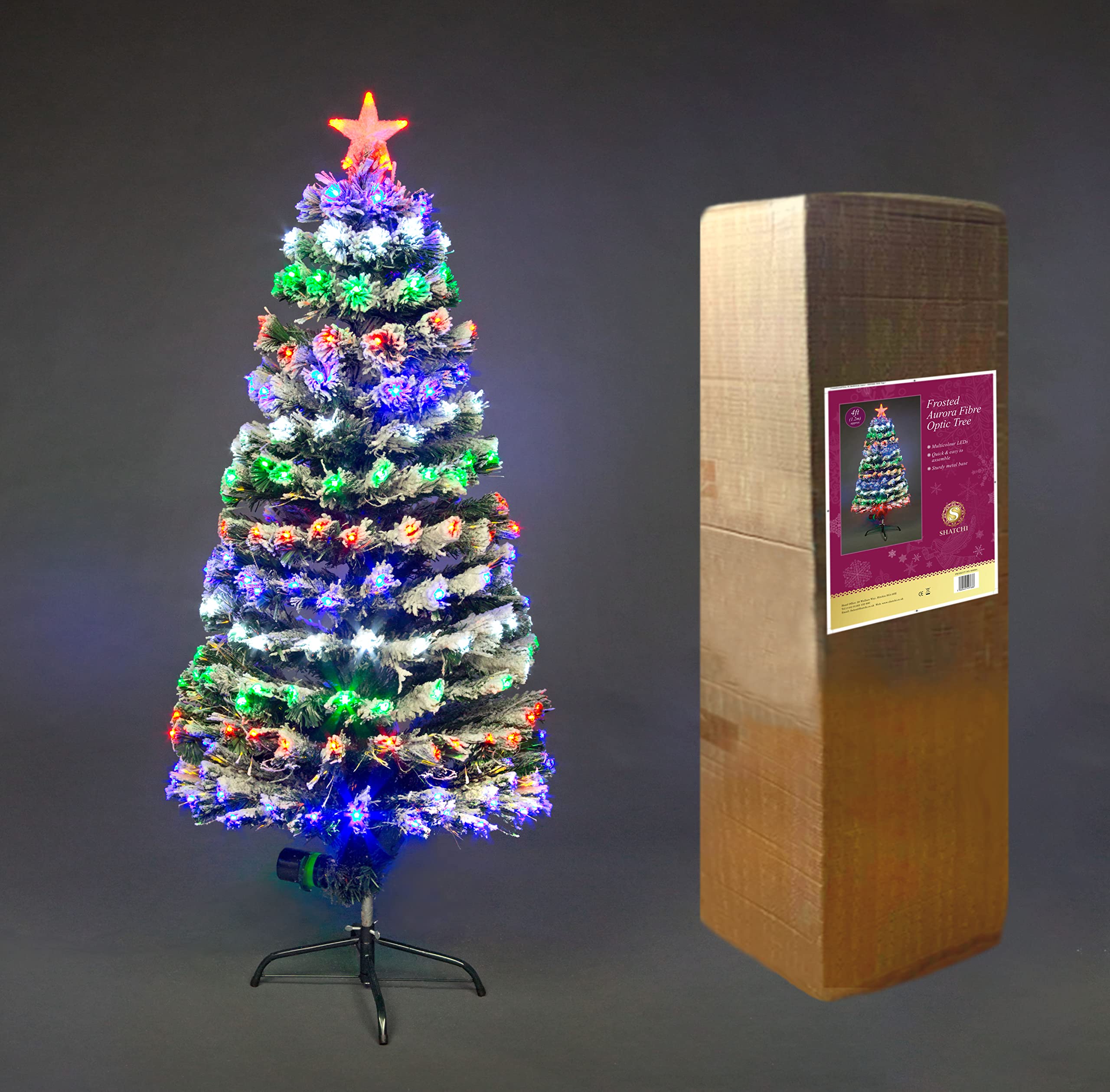SHATCHI 6ft/180cm LED Fibre Optic Christmas Tree Snow Covered multicolour Green Xmas Tree with Changing Colours with Star