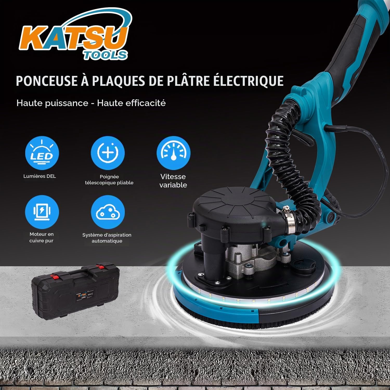 KATSU Tools Ponceuse Électrique pour Cloisons Sèches 800W avec Poignée Télescopique Pliable, Aspiration Automatique de la Poussière, Lumière LED, Vitesse Variable, dans un Étui