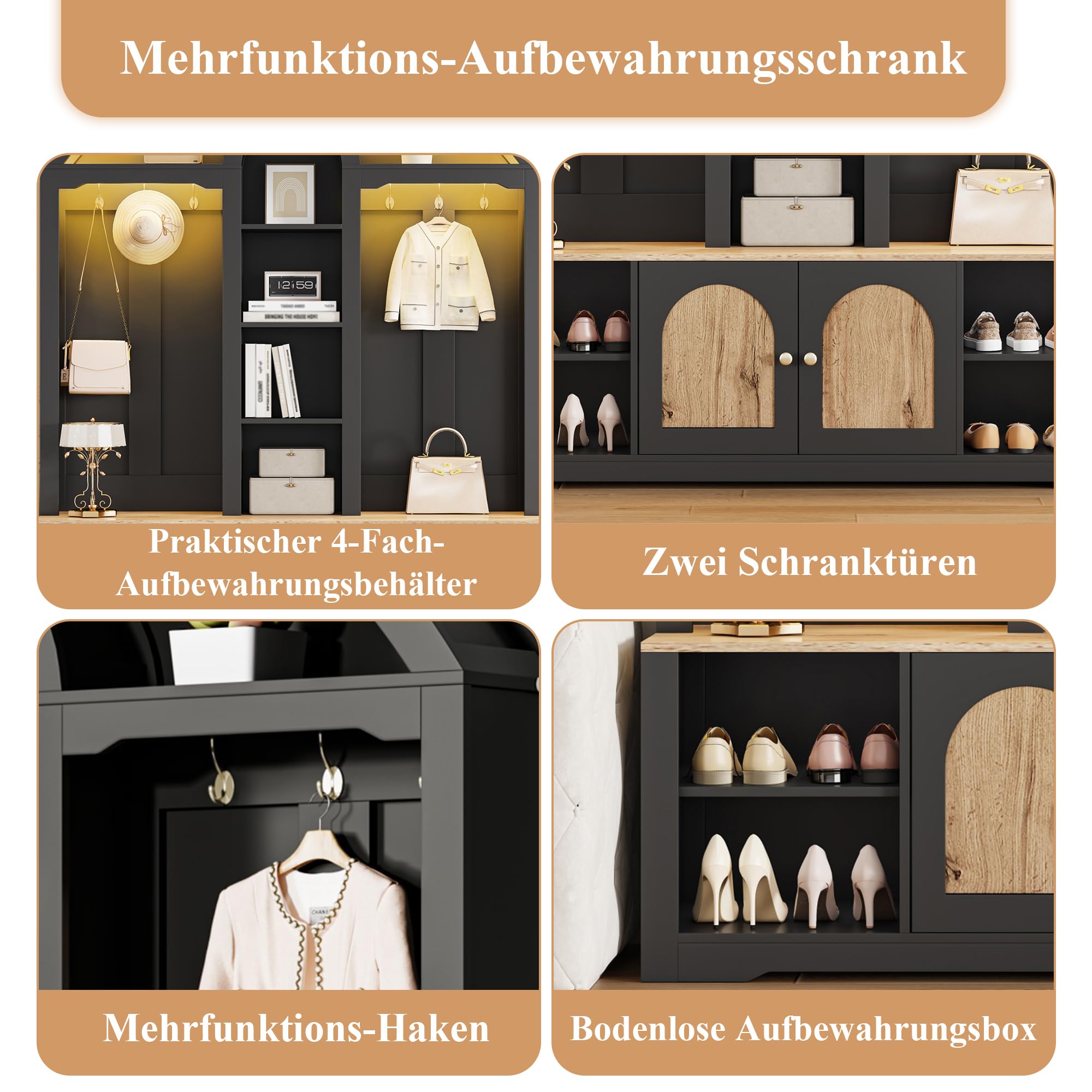 Garderobenset Hoch 195 cm mit LED Licht und Sitzbank, Garderobenschrank Flurgarderoben Set mit Haken und Schuhschrank, Schwarz