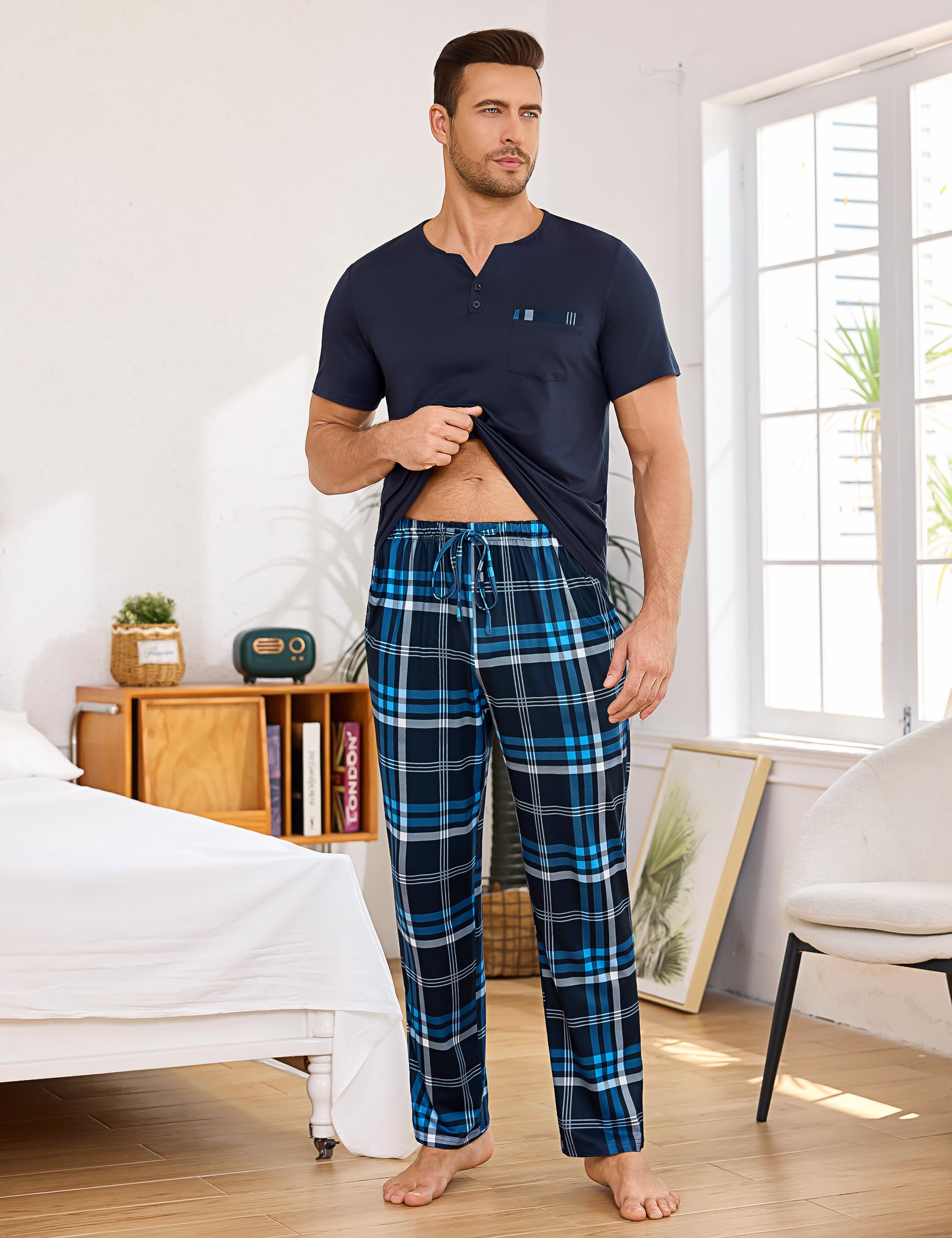 Bresdk Pijama Hombre Invierno Algodón Conjunto de Pijamas con Camiseta Manga Corta y Largos Pantalones con Bolsillos y Cordón 2 Piezas S-3XL
