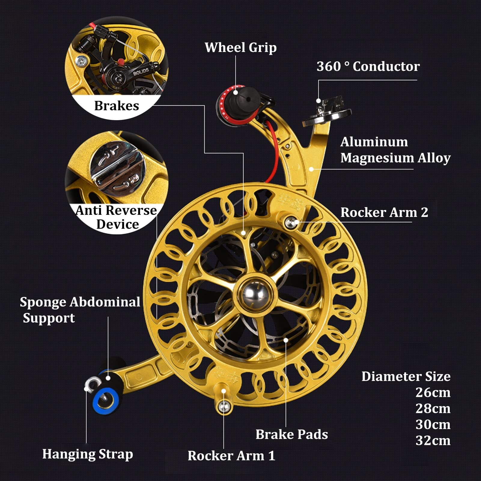 Kite String Reel Winder, Professionelle Kite Line Winder Mit Sicherheitsschloss, Lager Kite Line Connectors, Großer Reel Grip Radgriff Für Kinder Und Erwachsene (Color : Gold, S : 28cm)