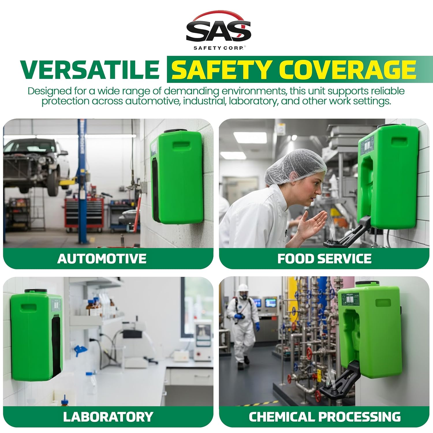 SAS Safety Corp Eyewash Station. 9.65 Gallon Capacity. Green Color. Portable Gravity Fed. Lockable Cap. Portable Unit Measures 20.15" x 16.5" x 9.5". (5134-00)