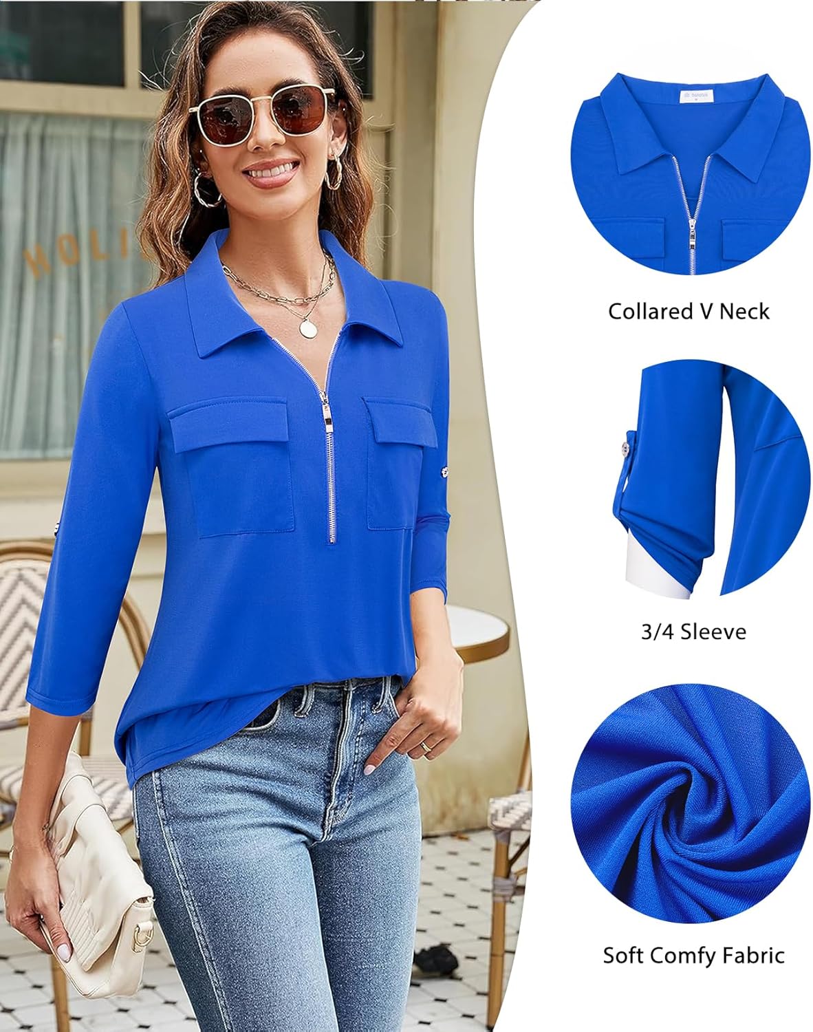 Bulotus Women's 3/4 Sleeve Collared Blouses Business Casual Tops Zip Front V Neck Work Shirts Loose Fit Tunic Tops - Image 5