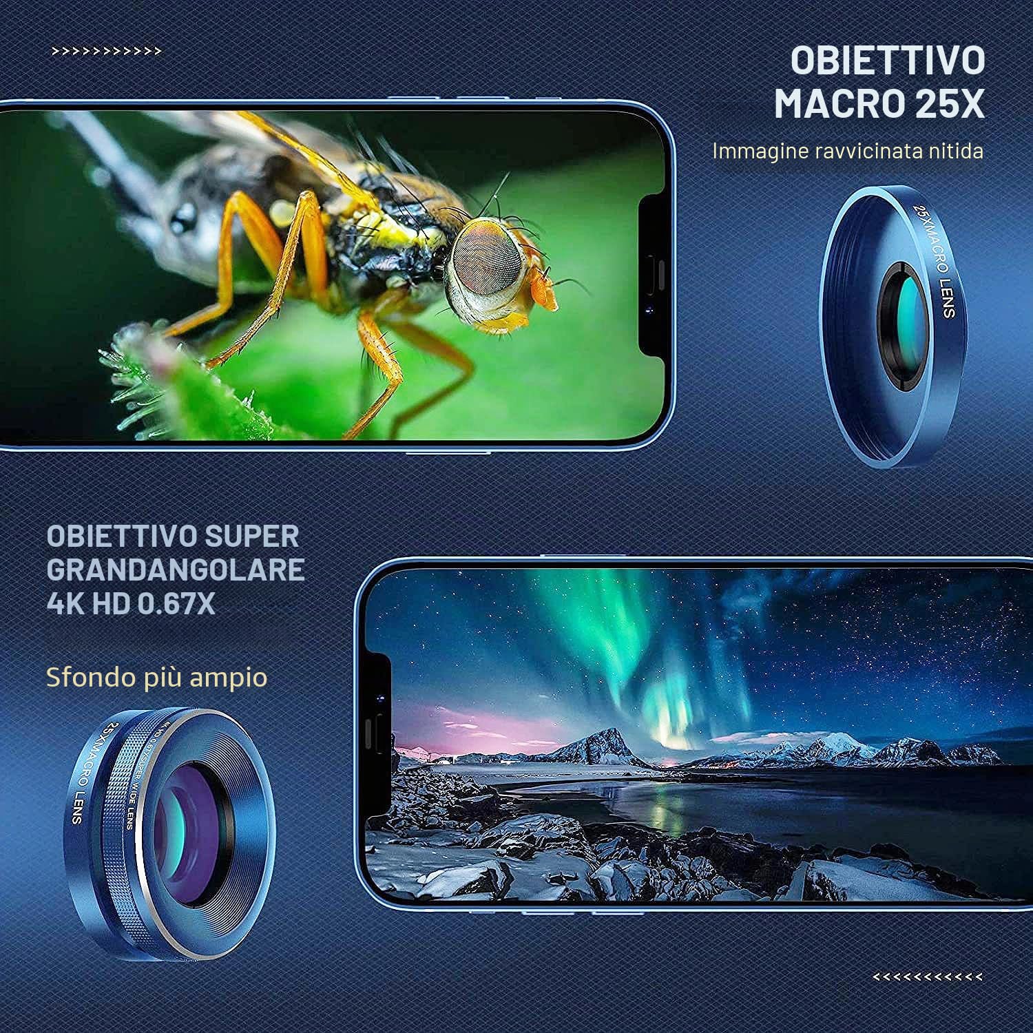 Kit obiettivo fotocamera per telefono versione aggiornata: include teleobiettivo 22X, obiettivo fisheye da 205°, obiettivo grandangolare 0,67x, obiettivo macro 25x, clip e mini treppiede per