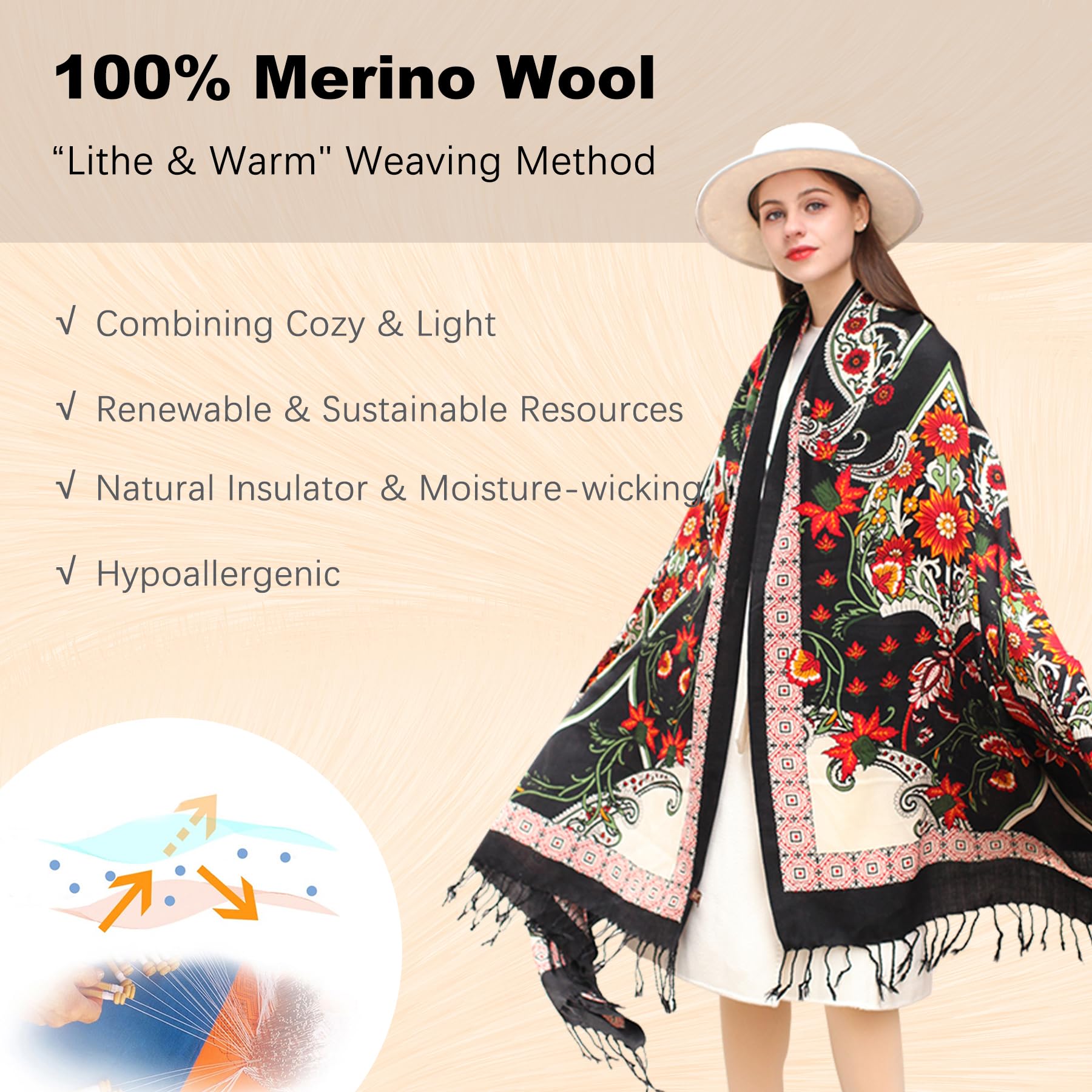 DANA XU - Sciarpa pashmina in 100% lana merino, da donna, 244 x 109 cm, oversize, in cashmere, con nappe, mantella da viaggio con motivo floreale, 96*43 INCHES