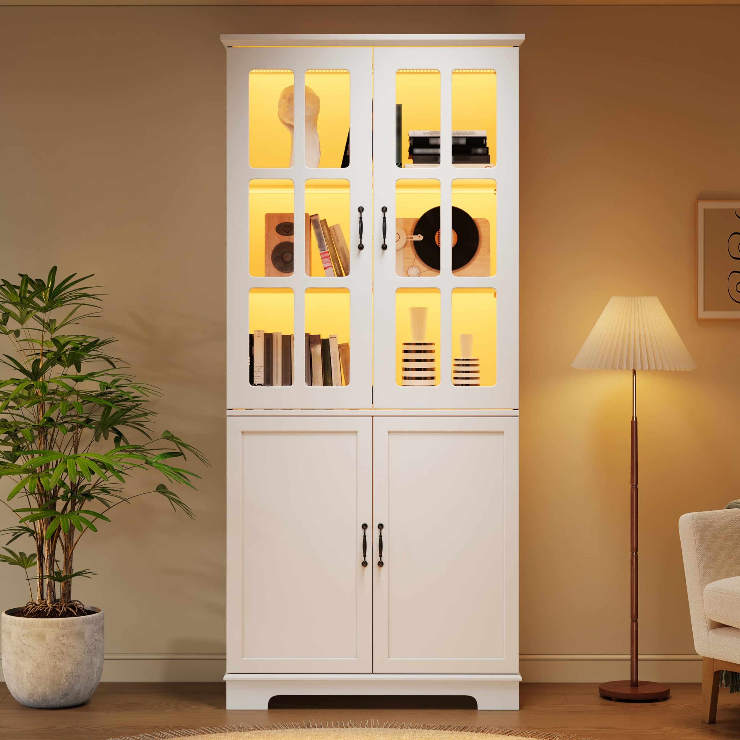 Vitrine Glasvitrine Stehend mit LED Licht und 2 Glasgittern, Vitrinenschrank Highboard mit 5 Etagen, Wohnzimmerschrank Bücherschrank mit Trennwand, Schrank Weiß, Wohnzimmer Möbel, 80x38x180 cm