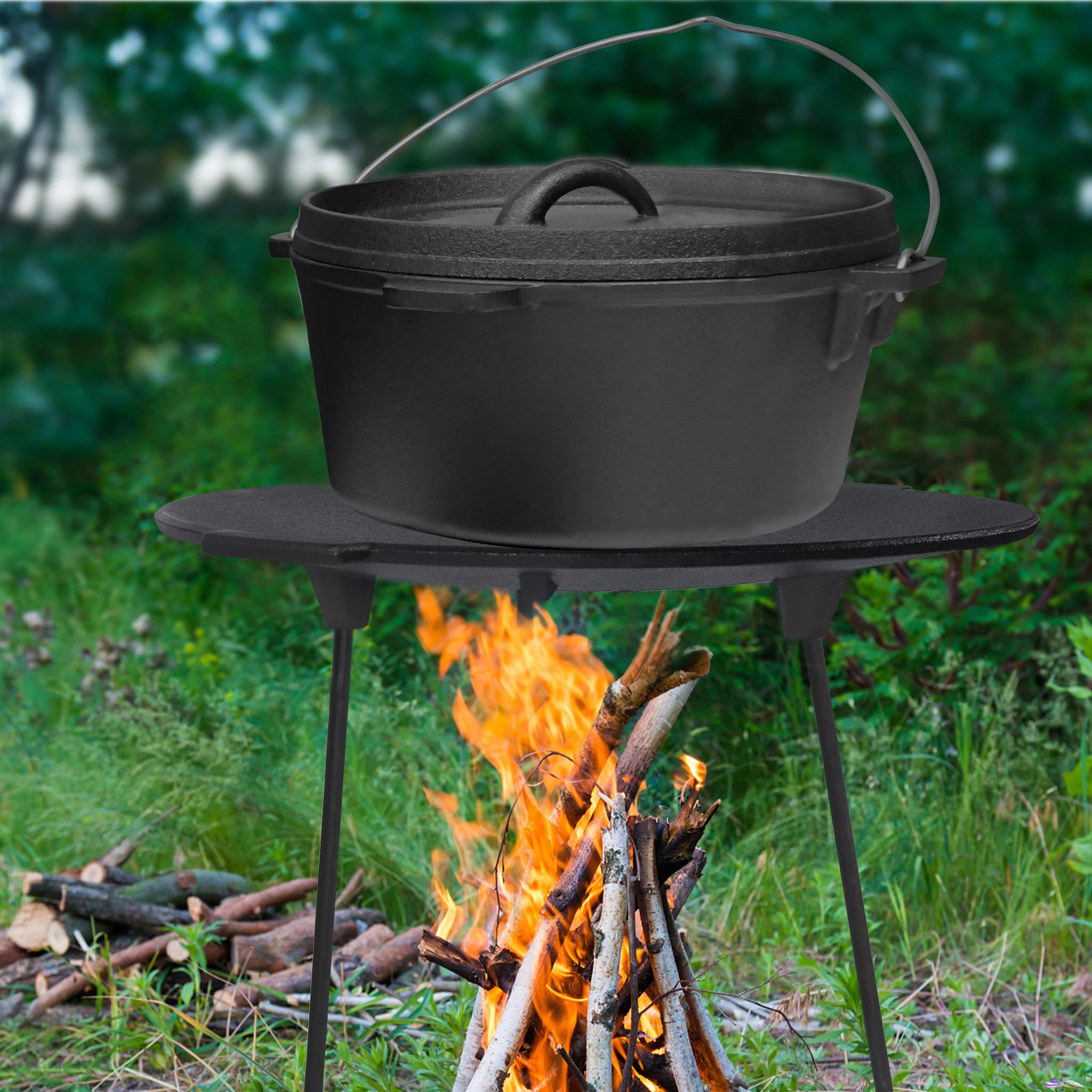 LZQ Sartén de hierro fundido redonda 45 cm para barbacoa con trípode extraíble y placa de horno holandés