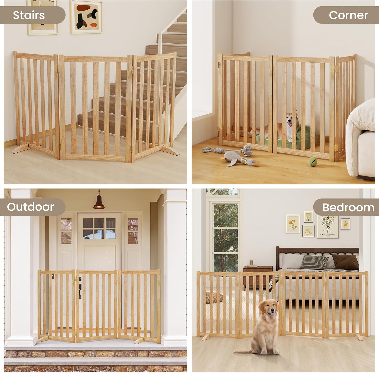 Wire Dog Gate Solid Wood Frame, Anti-Chewing, 4-Panel, 30" Height, 60" Width, Indoor Freestanding Pet Gate Foldable Wooden Dog Fences for Stairs, House, Doorway, Natural