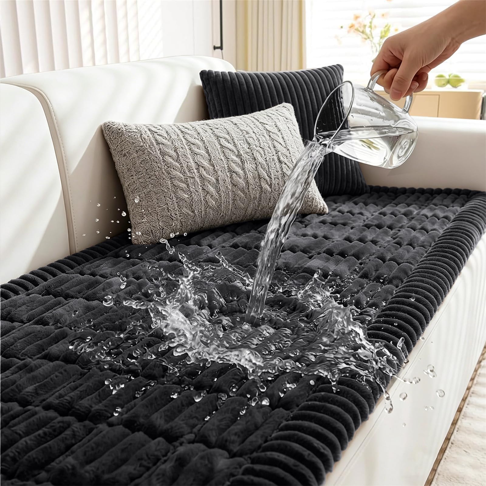 FASCINATDECO Black Cushion Covers 45x45 cm, Corduroy Decorative Fluffy Throw Pillow Cases, Cushion Cover 18x18 inches with Zipper for Sofa Bed Livingroom Bedroom, Pack of 1