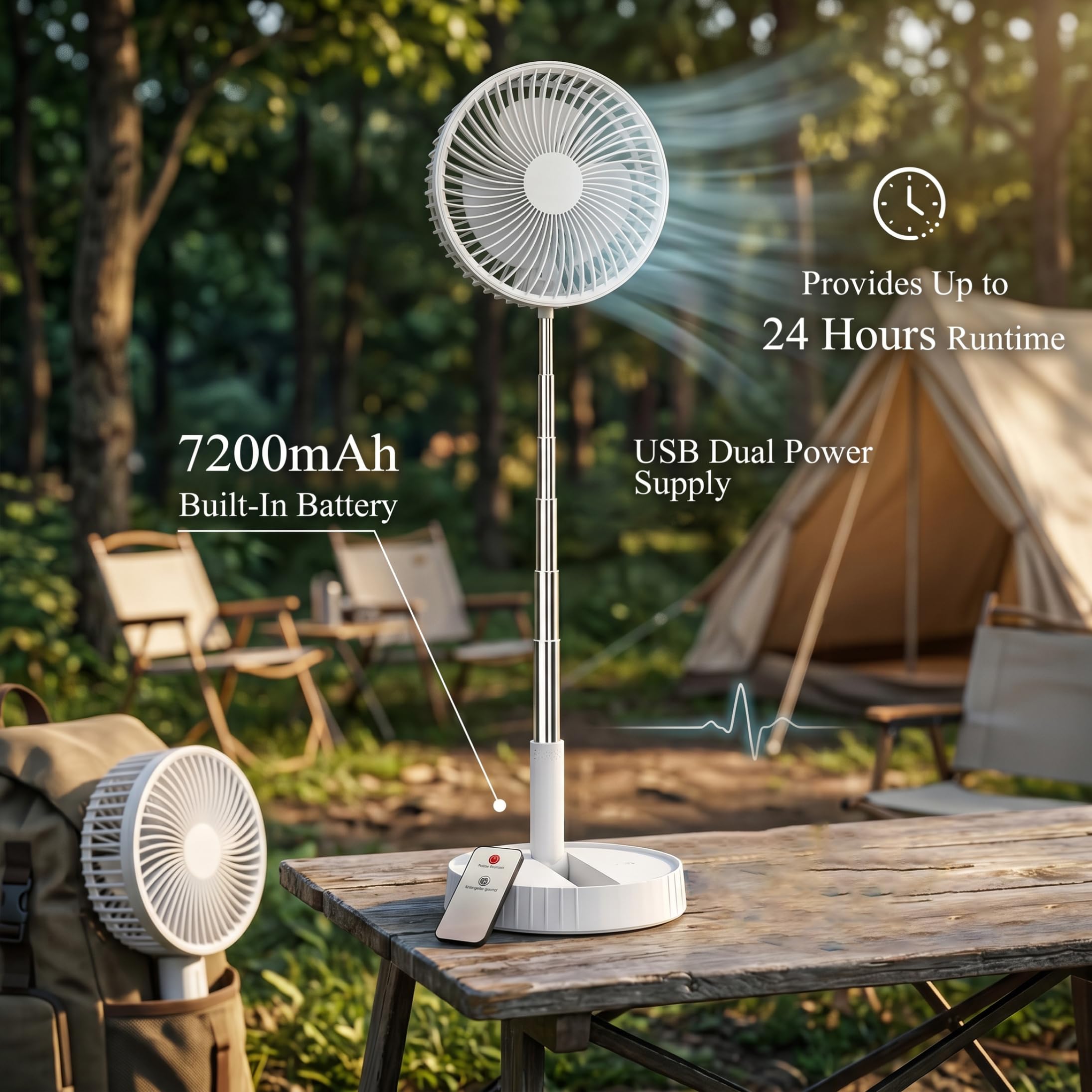 Ventilatore Pieghevole, Ventilatore da Tavolo Ricaricabile telescopico Senza Fili con 4 velocità e Flusso d'Aria a 360°, Batteria da 7200 mAh, Bianco