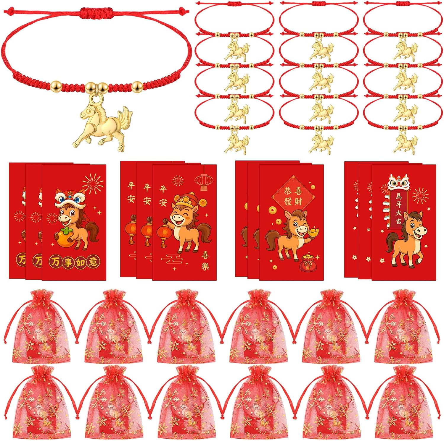Cunno 12 Set 2026 Chinese New Year of The Horse Bracelet with Red Wish Cards and Organza Bags Adjustable Good Luck Chinese Zodiac Animal Red Braided Bracelets for Women Men New Year Gifts