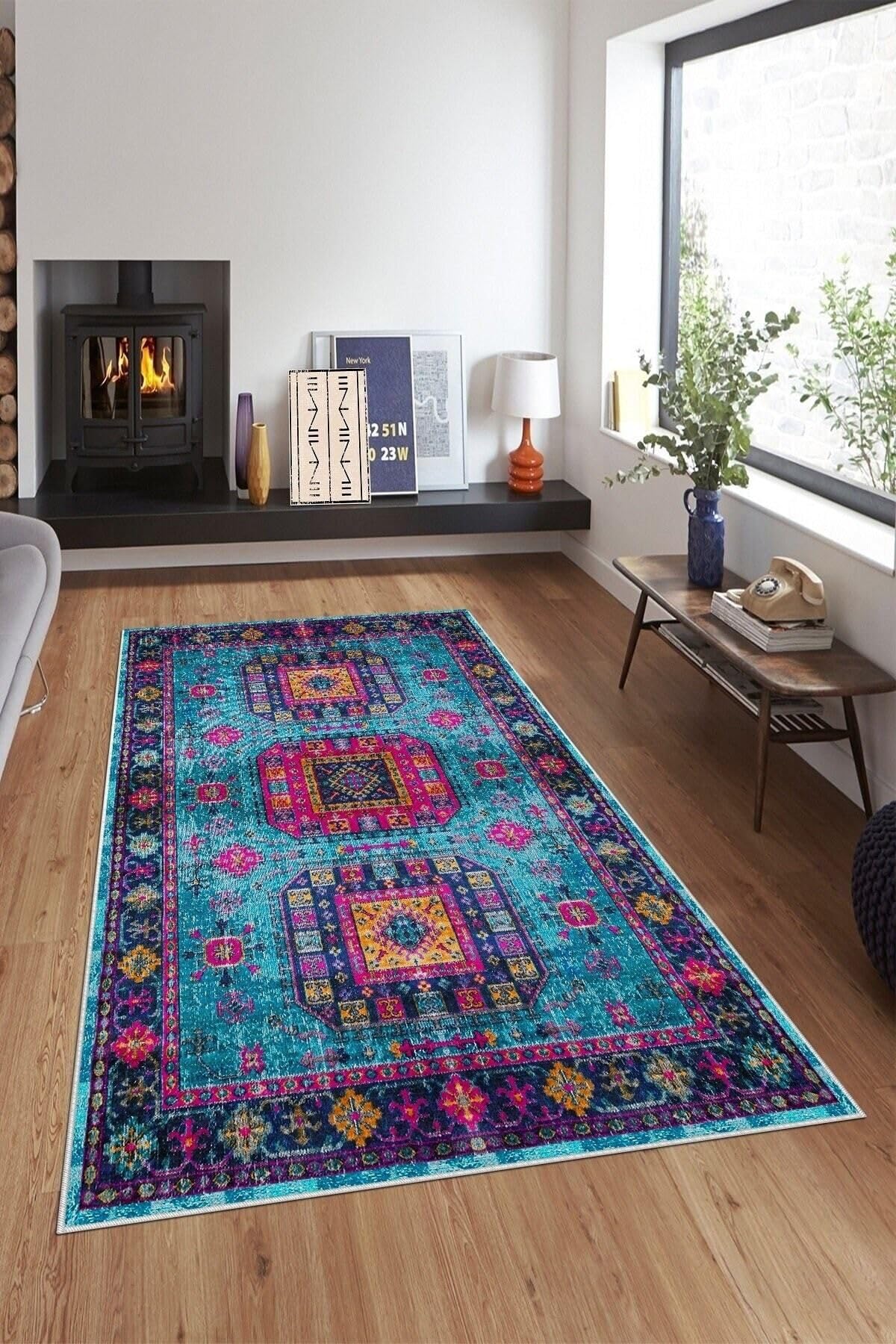 Pelangi Mavi Eskitme Desenli Çerçeveli Yıkanabilir Kaymaz Taban Leke Tutmaz Modern Salon Halısı Ve Yolluk, Mavi 100 x 600, 74571091100600728
