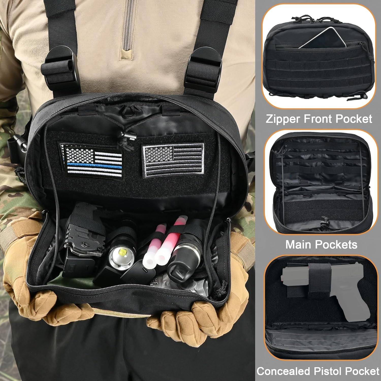 Chest Rig with Concealed Pistol Holster, Chest Bag for Men,Molle EDC Tactical Vest Chest Pack for Running Outdoor