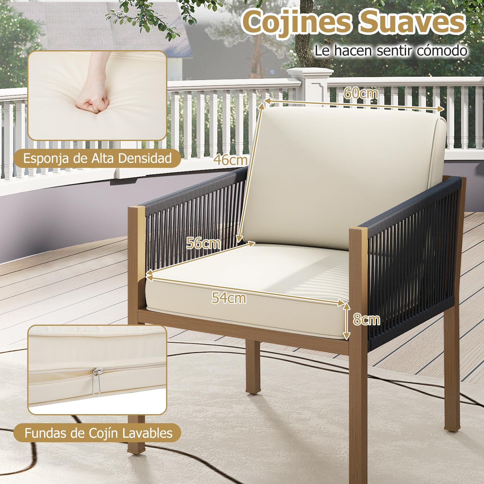 COSTWAY Conjunto Jardin Exterior, Juego de Bistró de Patio de 3 Piezas, Conjunto de Muebles de Conversación de Cuerda Tejida con Cojines, Juego de Mesa Auxiliar y Sillas de Exterior para Porche Balcón