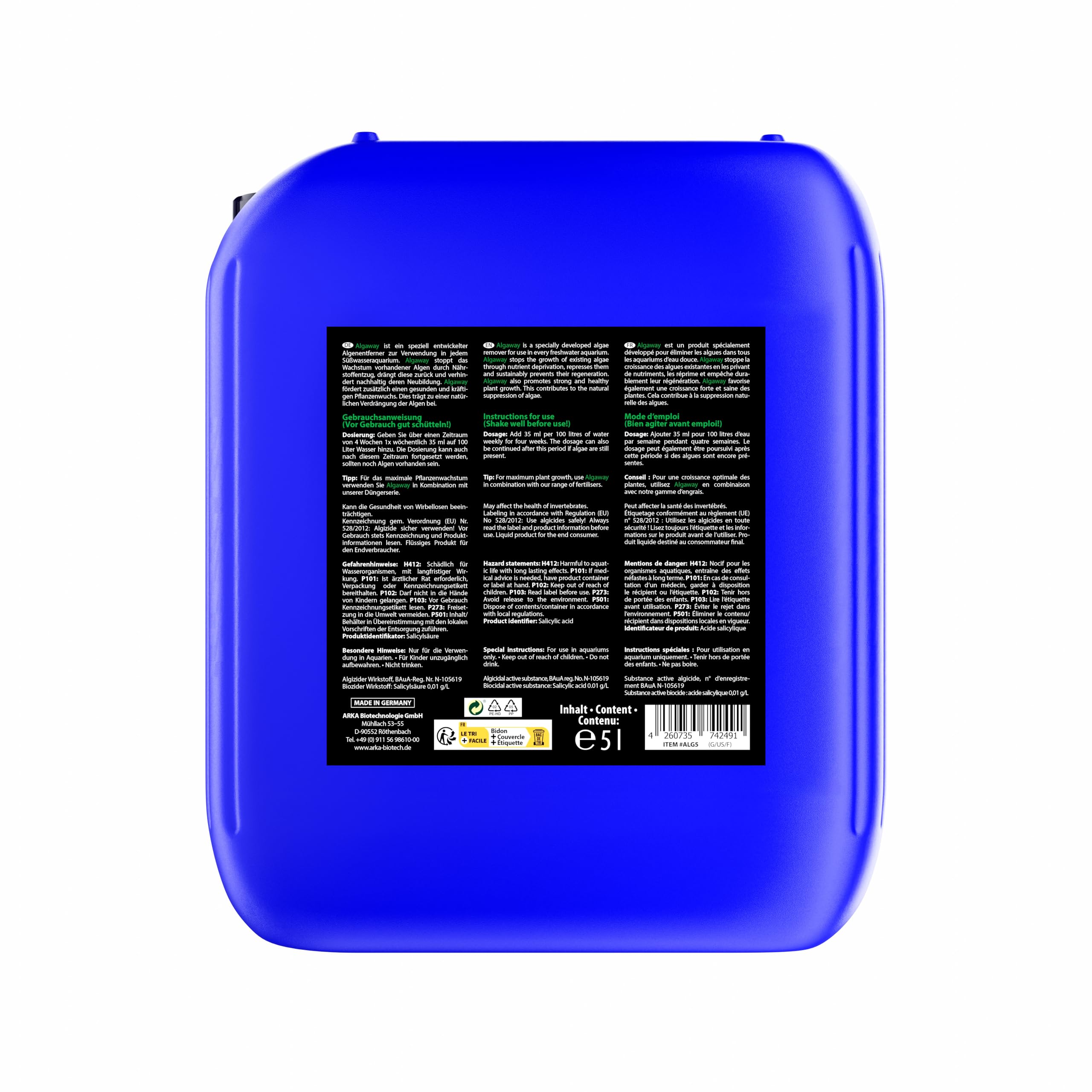 ARKA Algaway Éliminateur d’algues Aquarium 5 L – Traitement Anti-algues filamenteuses, Vertes & encroutantes – sans cuivre, sûr pour Plantes