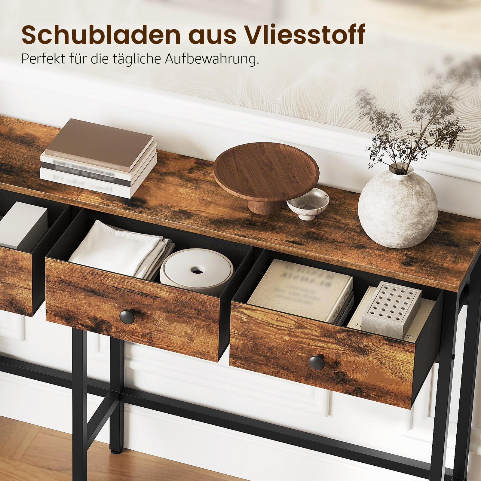 YATINEY Konsolentisch schmal, 160 cm, Langer Flurtisch, Eingangstisch mit 4 Schubladen, für Eingangsbereich, Flur, Wohnzimmer, Vintagebraun-Schwarz XCT40BR