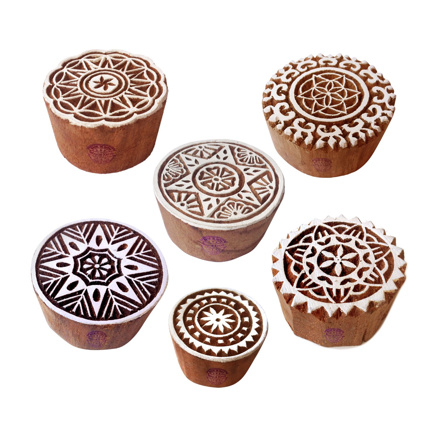 Henna Wooden Stamps Decorative Round Floral Pattern Printing Blocks (Set of 6)