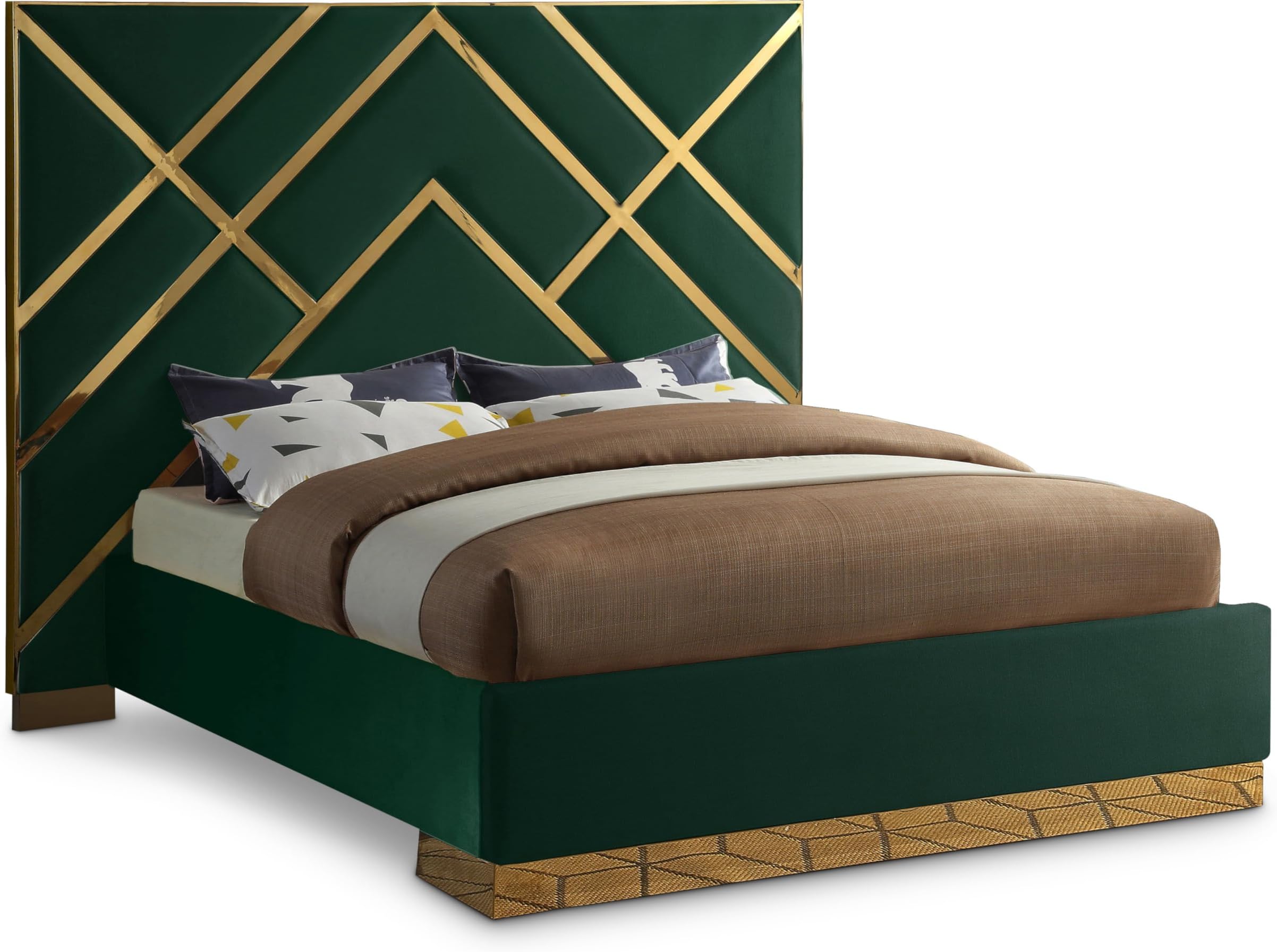 Meridian Furniture VectorGreen-K Vector Collection Modern | Contemporary Velvet Upholstered Bed, Custom Gold Metal Base and Polished Gold Metal Design, 97.5" W x 85.5" D x 68" H, Green, King
