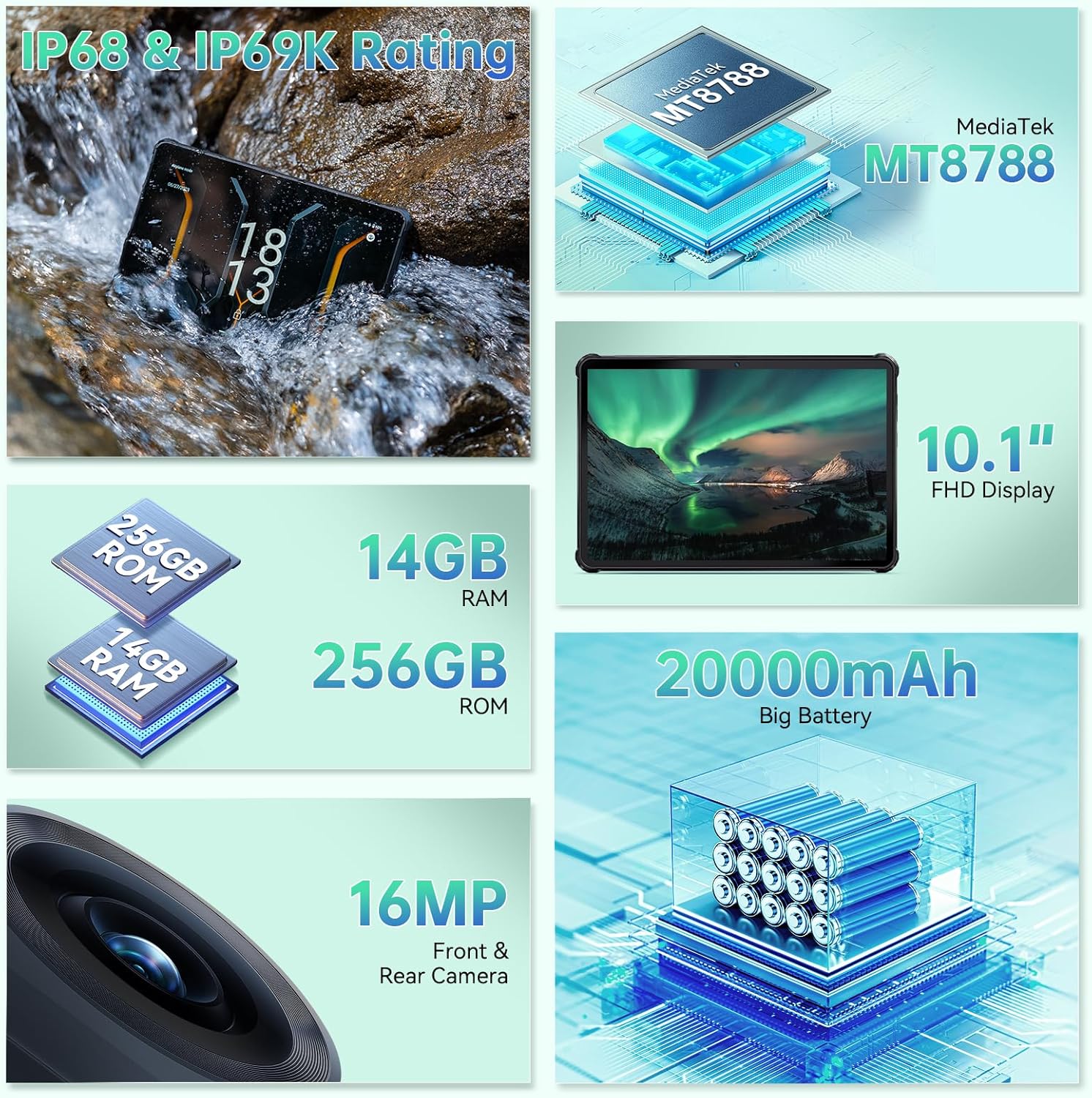 OUKITEL RT6 Android 13 Tablet Rugged, 20000mAh Batteria(33W) Rugged Tablet 10,1 Pollici FHD+,14GB+256GB(TF 1TB),IP68/IP69K Impermeabile,Octa-Core,16MP+16MP, Dual 4G LTE/5G WiFi/OTG/GPS/Face ID-Arancia