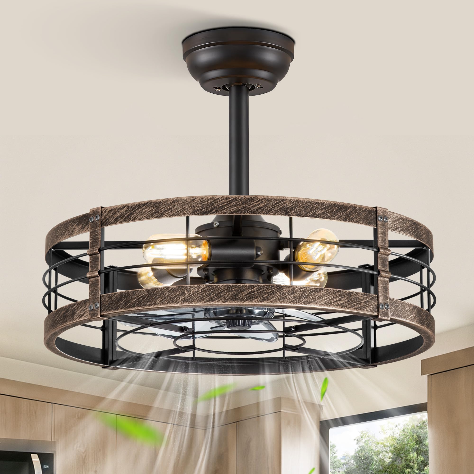 LEDIARY 20 Inch Fandelier Caged Ceiling Fan with Light Bladeless Ceiling Fan with Remote Small Farmhouse Fan Lights