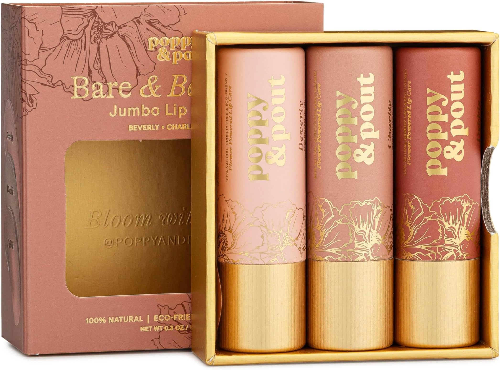 Poppy & Pout All Natural Lip Tints, Sustainable Cardboard Tubes, Hand-filled, Beeswax, Vitamin E, Coconut Oil, Cruelty Free (Bare & Beautiful Trio)