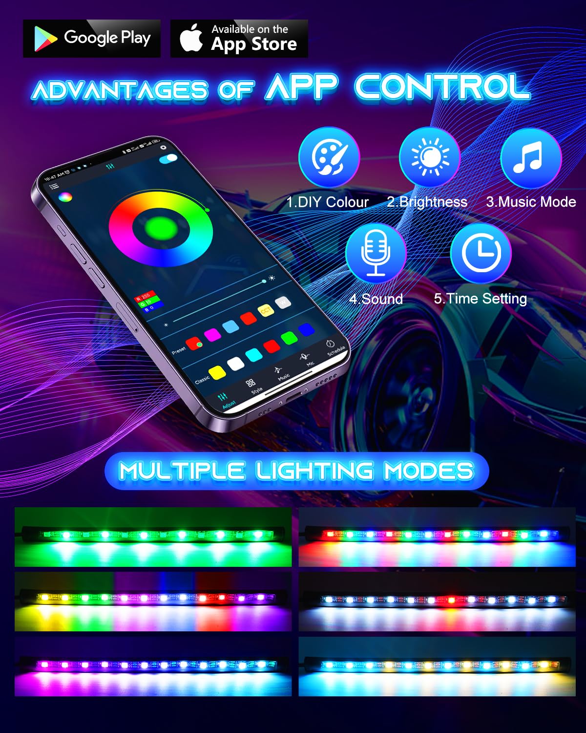 Samochodowe oświetlenie wewnętrzne LED, neonowe światła 12 V RGB, wewnętrzna listwa oświetleniowa, listwa świetlna na nogi, USB ze sterowaniem za pomocą aplikacji, pod deską rozdzielczą, światło